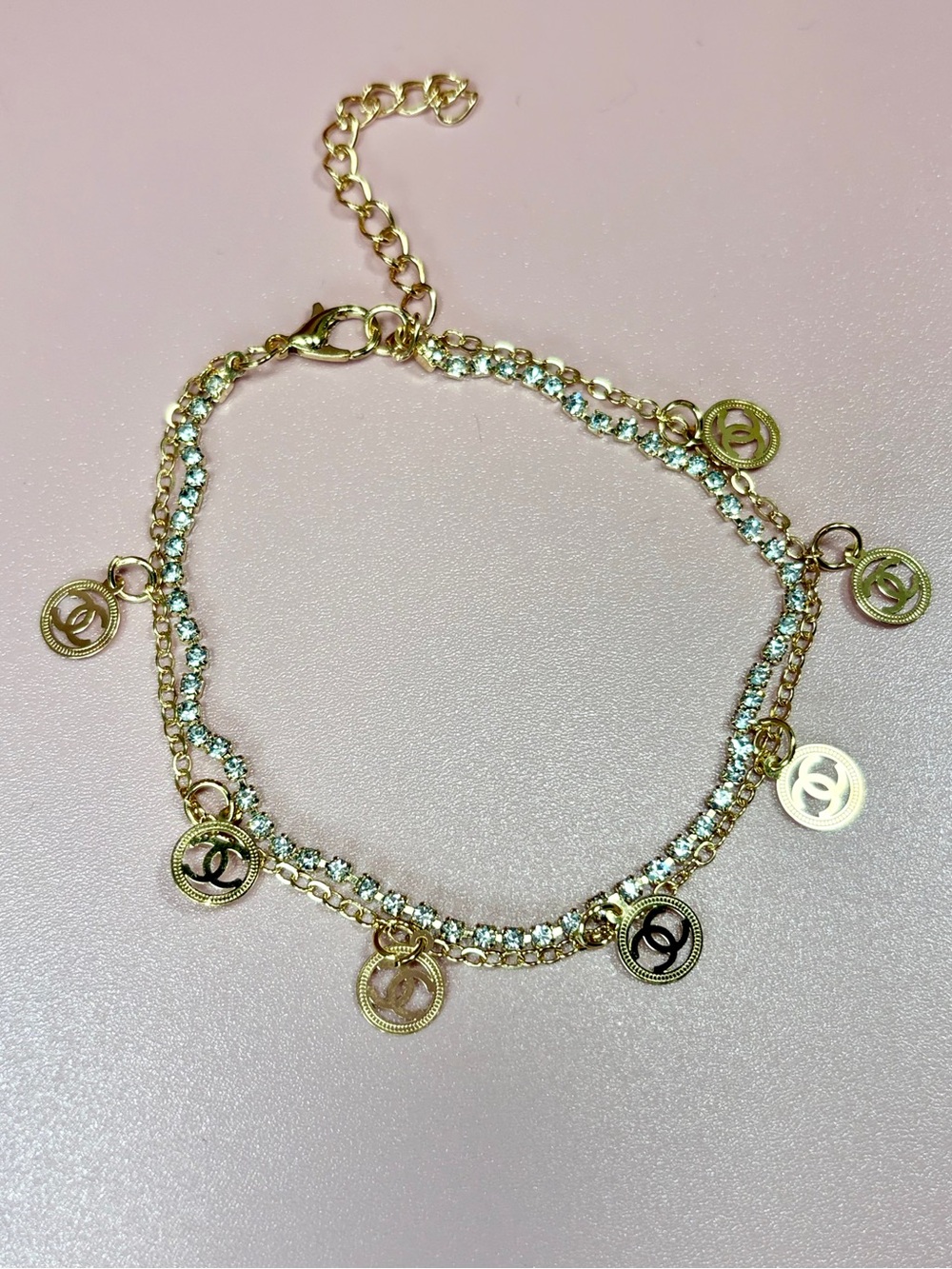 Delicate Gold-Tone Charm Anklet with Clear Crystal Accents